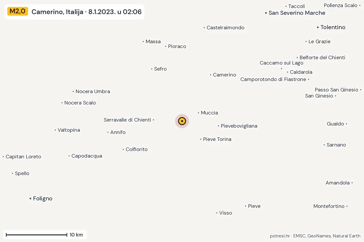 Karta: okolica epicentra, 60 km, potres M2,0, Camerino, Italija, 8.1.2023.