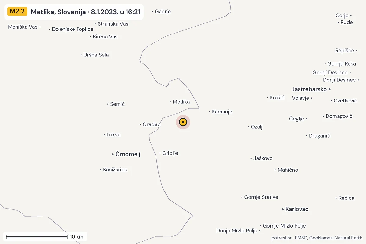 Karta: okolica epicentra, 60 km, potres M2,2, Metlika, Slovenija, 8.1.2023.