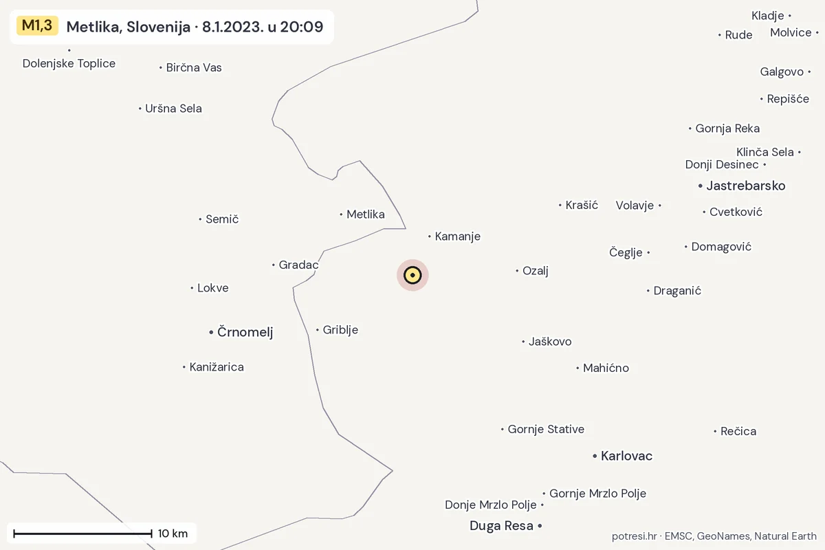 Karta: okolica epicentra, 60 km, potres M1,3, Metlika, Slovenija, 8.1.2023.