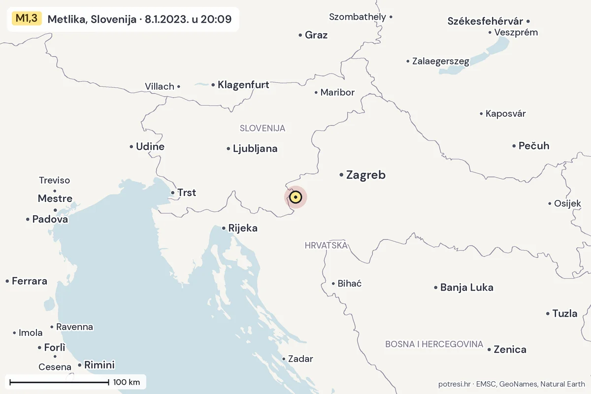 Karta: šire područje, 600 km, potres M1,3, Metlika, Slovenija, 8.1.2023.