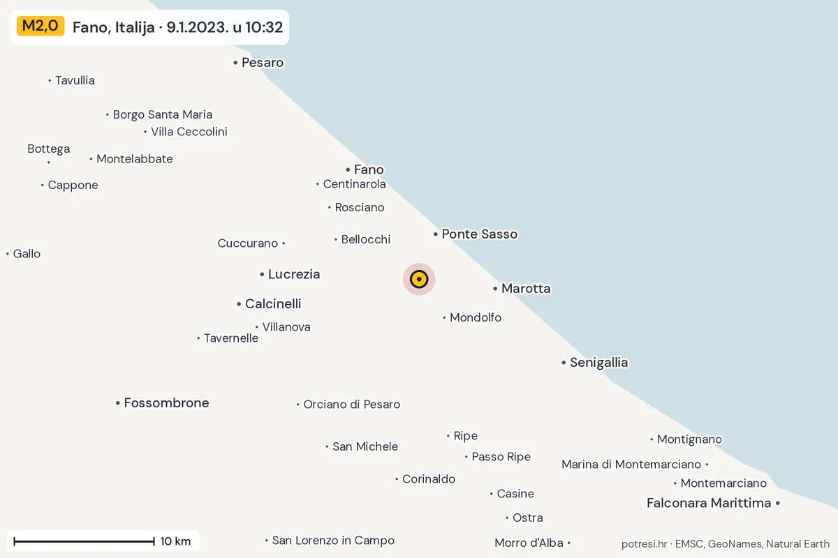 Karta: okolica epicentra, 60 km, potres M2,0, Fano, Italija, 9.1.2023.