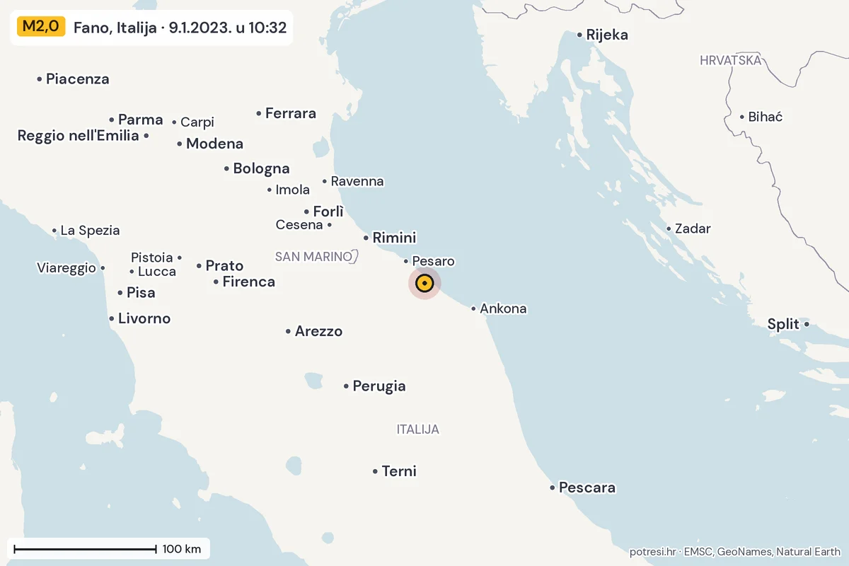 Karta: šire područje, 600 km, potres M2,0, Fano, Italija, 9.1.2023.