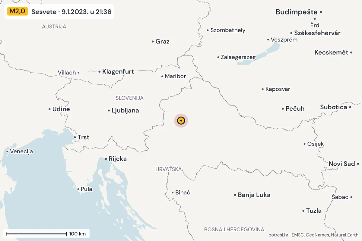 Karta: šire područje, 600 km, potres M2,0, Sesvete, 9.1.2023.