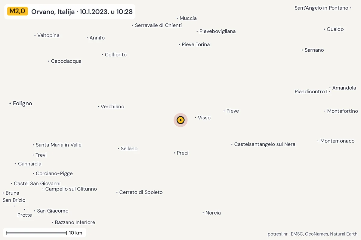 Karta: okolica epicentra, 60 km, potres M2,0, Orvano, Italija, 10.1.2023.