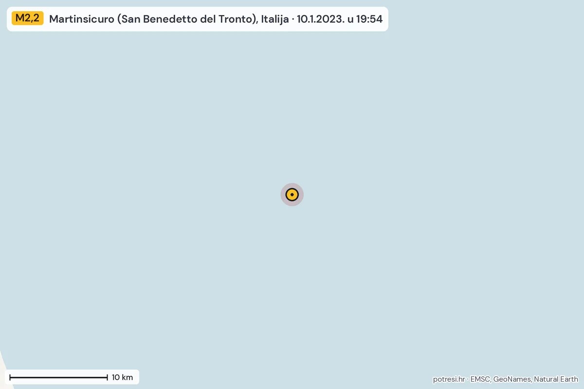 Karta: okolica epicentra, 60 km, potres M2,2, Martinsicuro (San Benedetto del Tronto), Italija, 10.1.2023.
