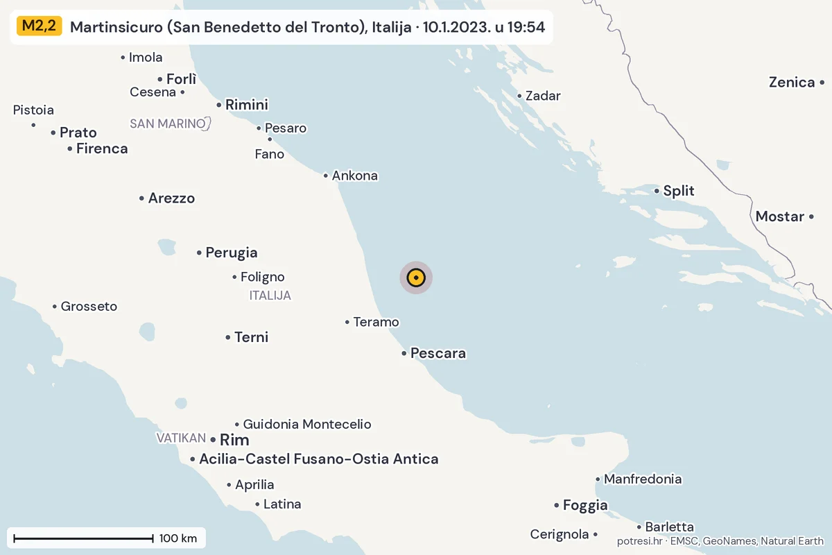 Karta: šire područje, 600 km, potres M2,2, Martinsicuro (San Benedetto del Tronto), Italija, 10.1.2023.