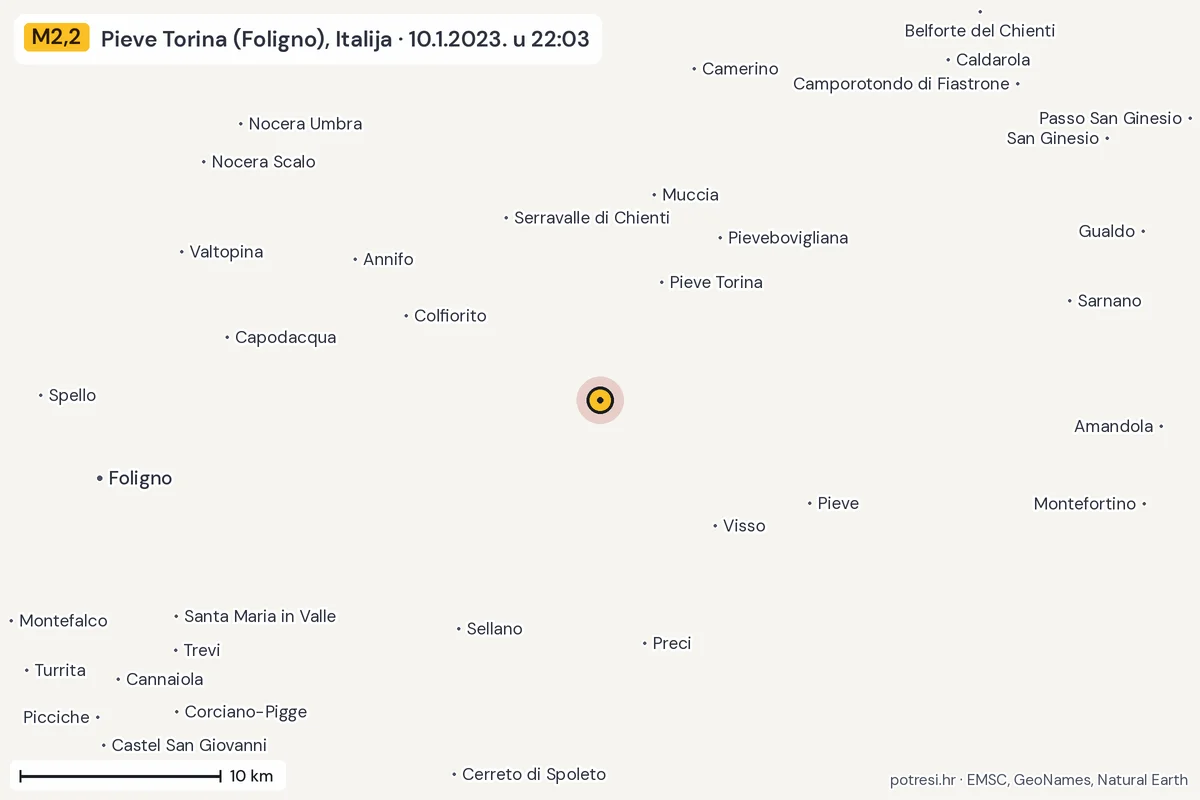 Karta: okolica epicentra, 60 km, potres M2,2, Pieve Torina (Foligno), Italija, 10.1.2023.