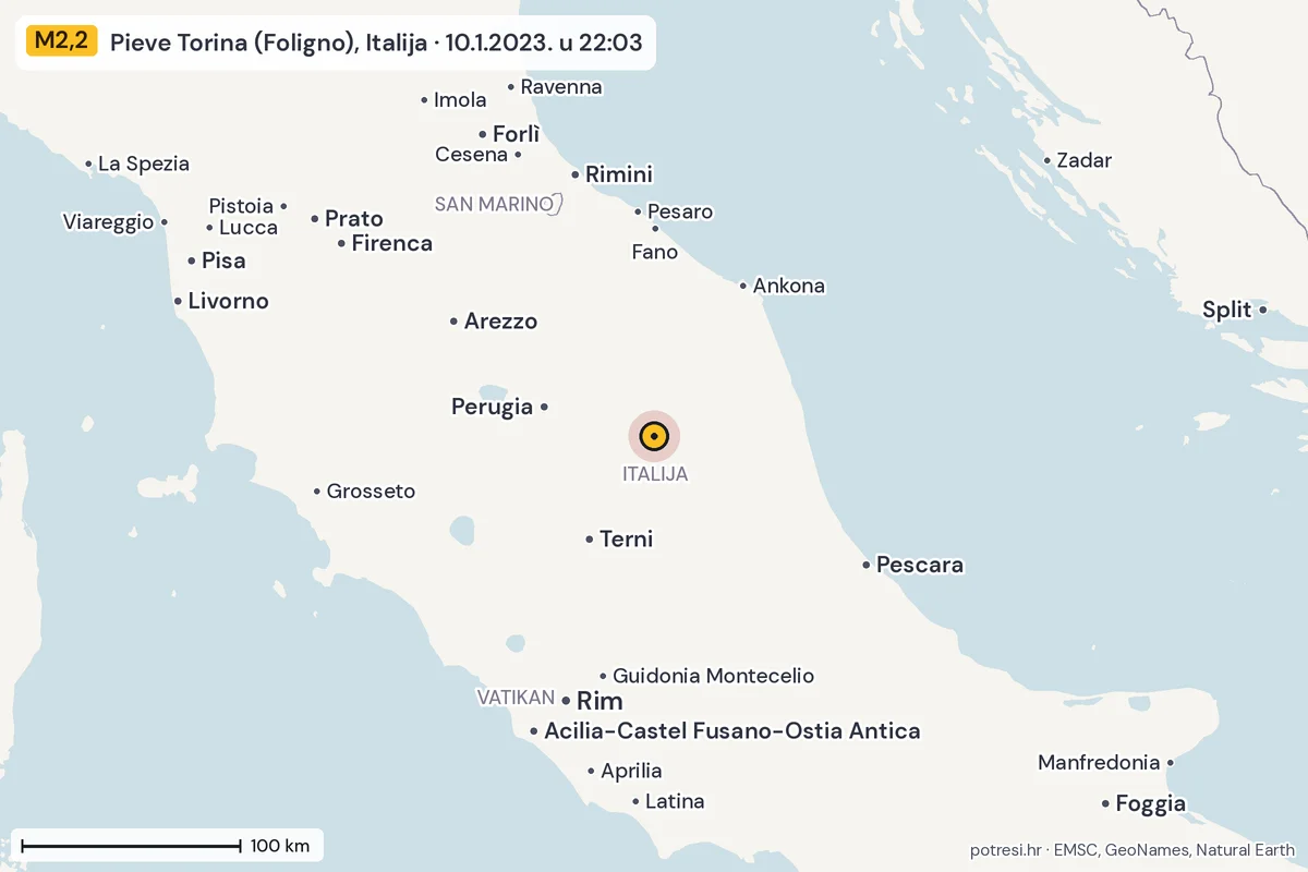 Karta: šire područje, 600 km, potres M2,2, Pieve Torina (Foligno), Italija, 10.1.2023.