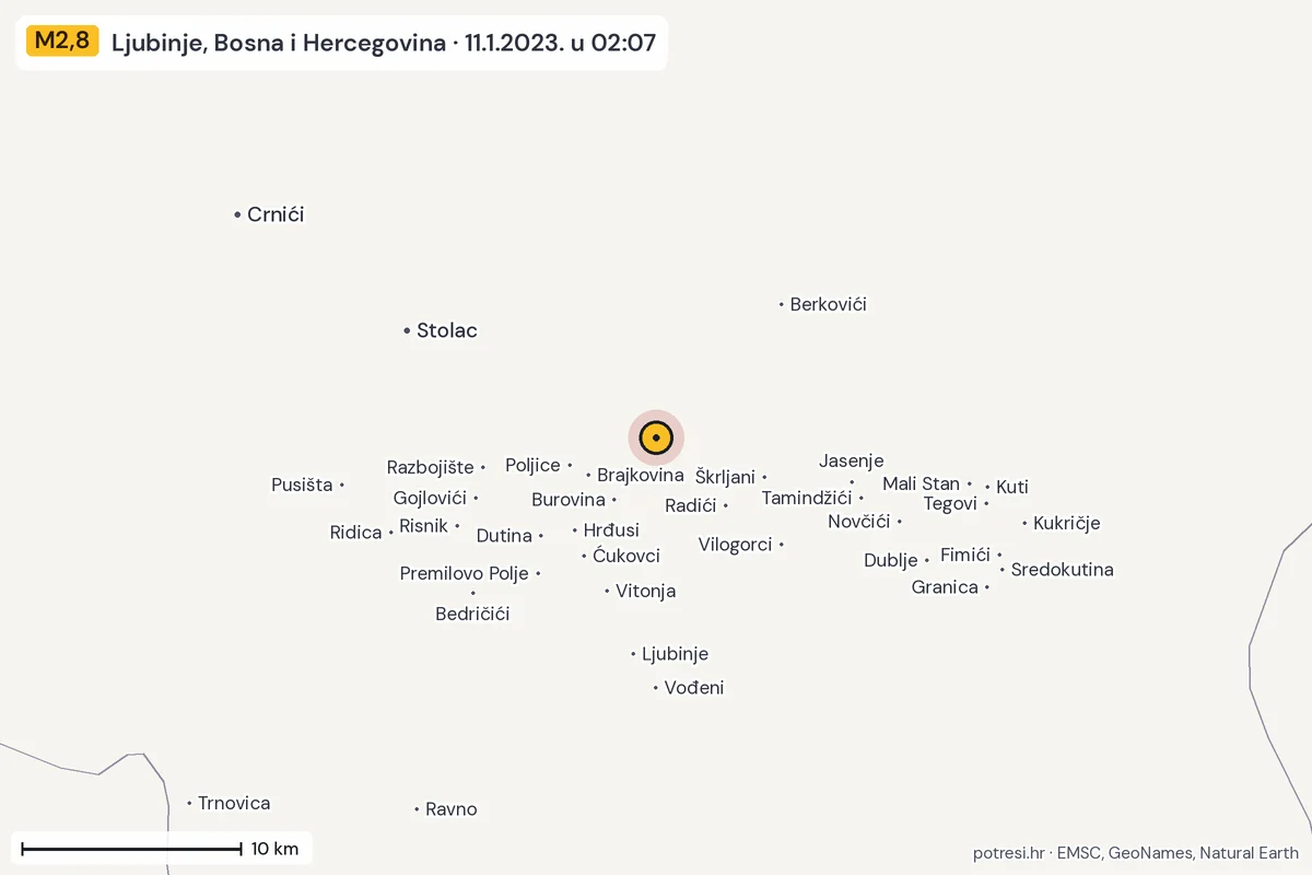 Karta: okolica epicentra, 60 km, potres M2,8, Ljubinje, Bosna i Hercegovina, 11.1.2023.