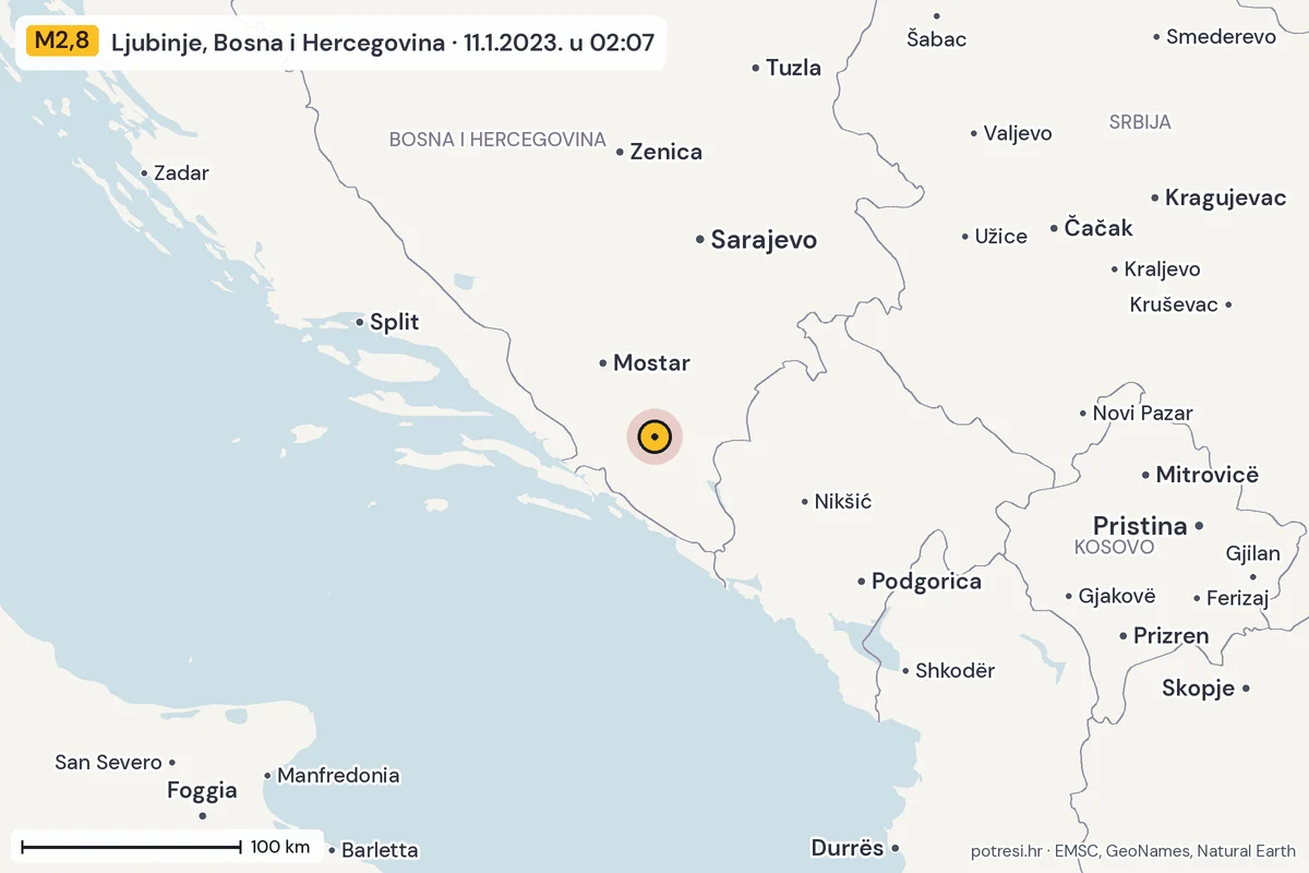 Karta: šire područje, 600 km, potres M2,8, Ljubinje, Bosna i Hercegovina, 11.1.2023.