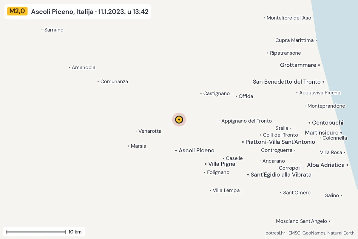 Karta: okolica epicentra, 60 km, potres M2,0, Ascoli Piceno, Italija, 11.1.2023.