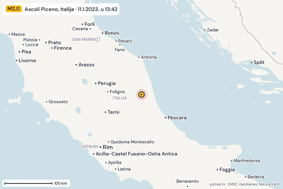 Karta: šire područje, 600 km, potres M2,0, Ascoli Piceno, Italija, 11.1.2023.