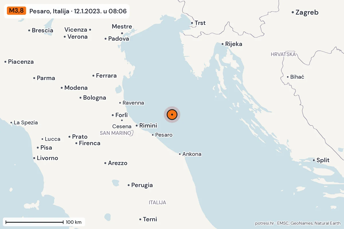 Karta: šire područje, 600 km, potres M3,8, Pesaro, Italija, 12.1.2023.