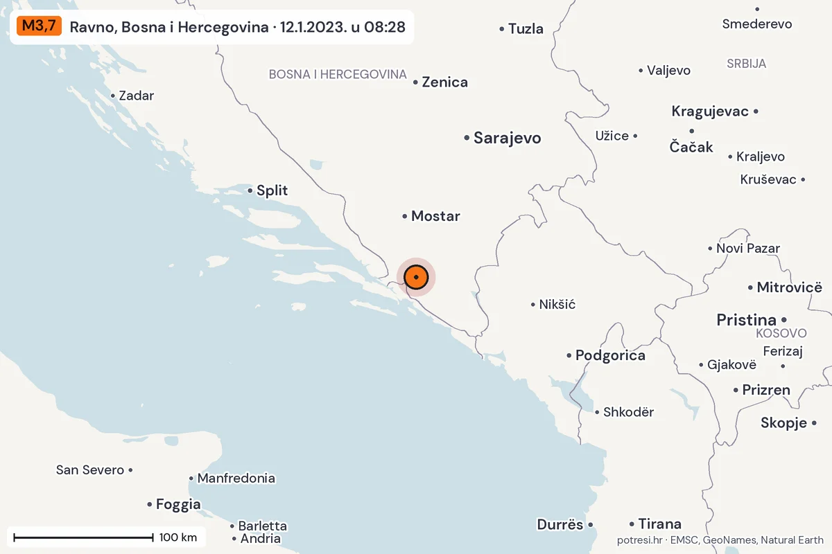 Karta: šire područje, 600 km, potres M3,7, Ravno, Bosna i Hercegovina, 12.1.2023.