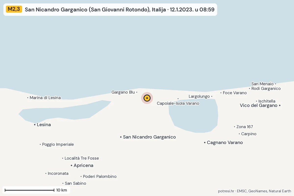 Karta: okolica epicentra, 60 km, potres M2,3, San Nicandro Garganico (San Giovanni Rotondo), Italija, 12.1.2023.