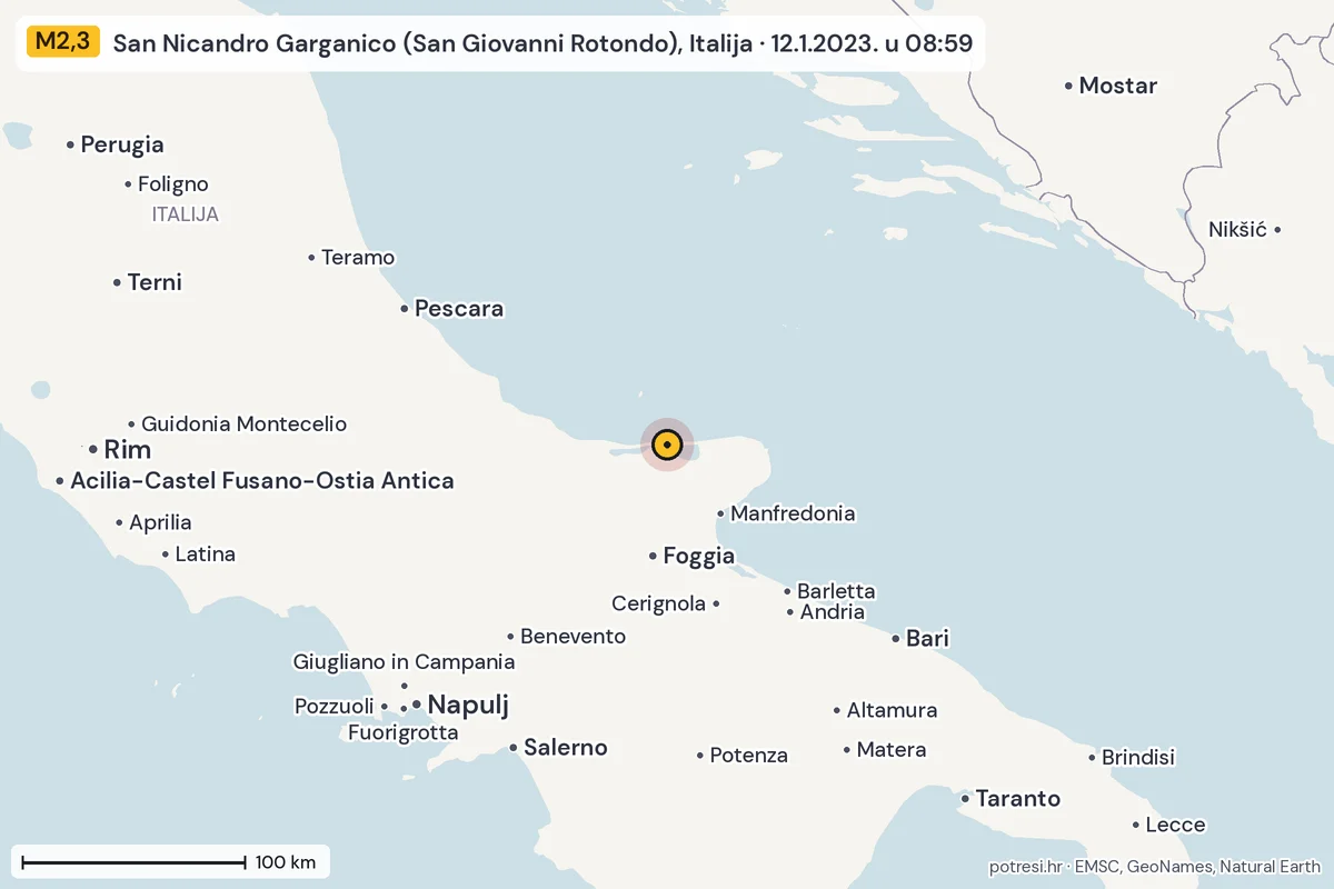 Karta: šire područje, 600 km, potres M2,3, San Nicandro Garganico (San Giovanni Rotondo), Italija, 12.1.2023.