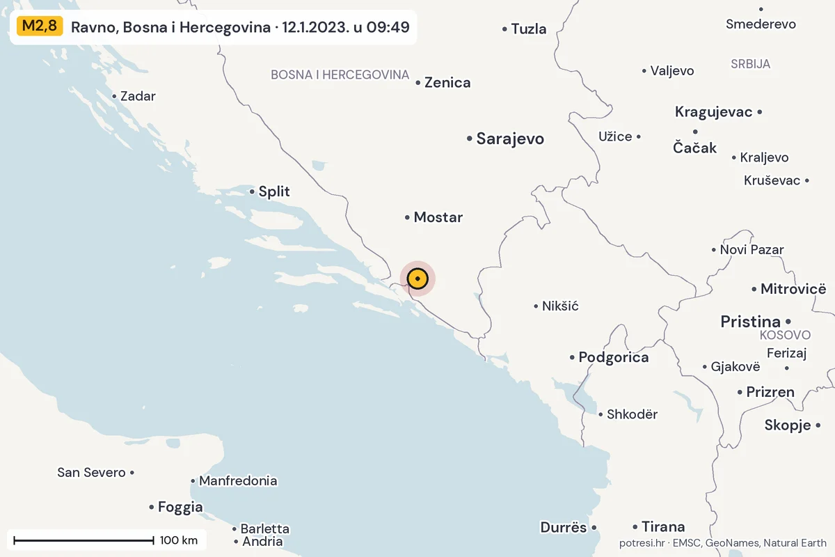 Karta: šire područje, 600 km, potres M2,8, Ravno, Bosna i Hercegovina, 12.1.2023.