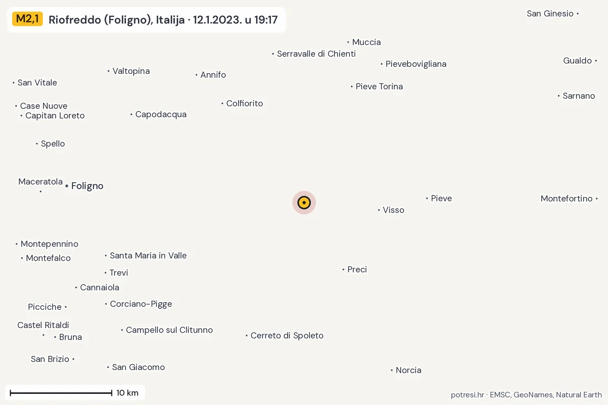Karta: okolica epicentra, 60 km, potres M2,1, Riofreddo (Foligno), Italija, 12.1.2023.