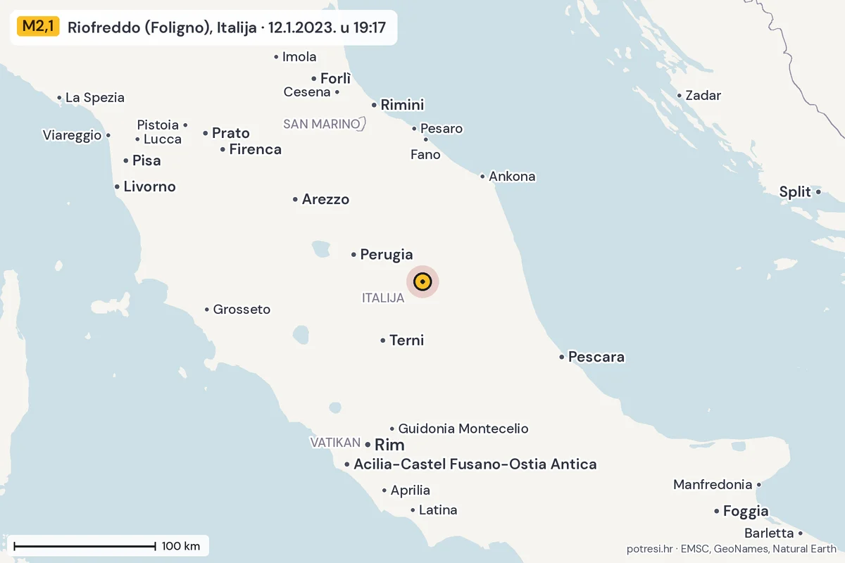 Karta: šire područje, 600 km, potres M2,1, Riofreddo (Foligno), Italija, 12.1.2023.