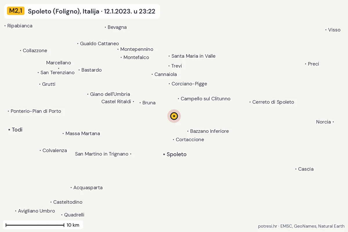 Karta: okolica epicentra, 60 km, potres M2,1, Spoleto (Foligno), Italija, 12.1.2023.