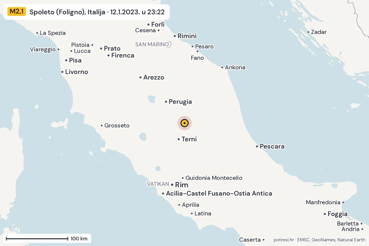 Karta: šire područje, 600 km, potres M2,1, Spoleto (Foligno), Italija, 12.1.2023.