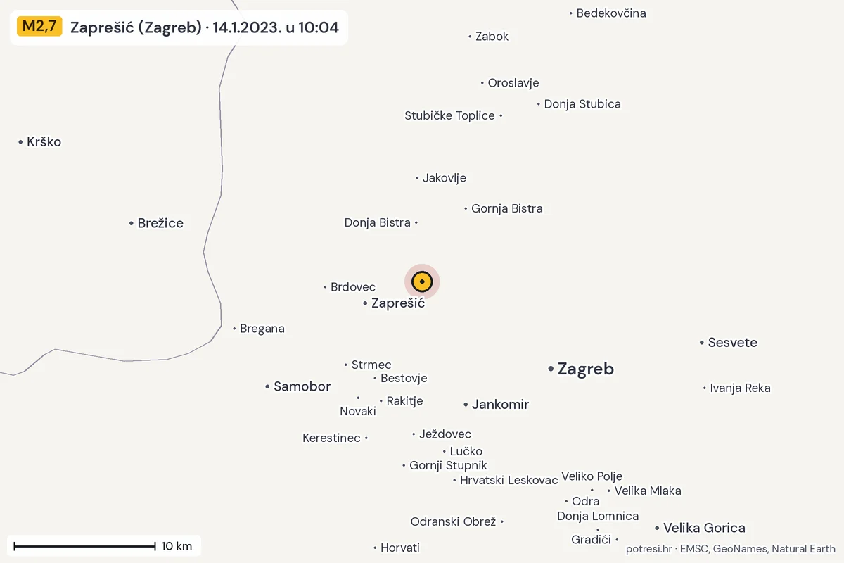 Karta: okolica epicentra, 60 km, potres M2,7, Zaprešić (Zagreb), 14.1.2023.