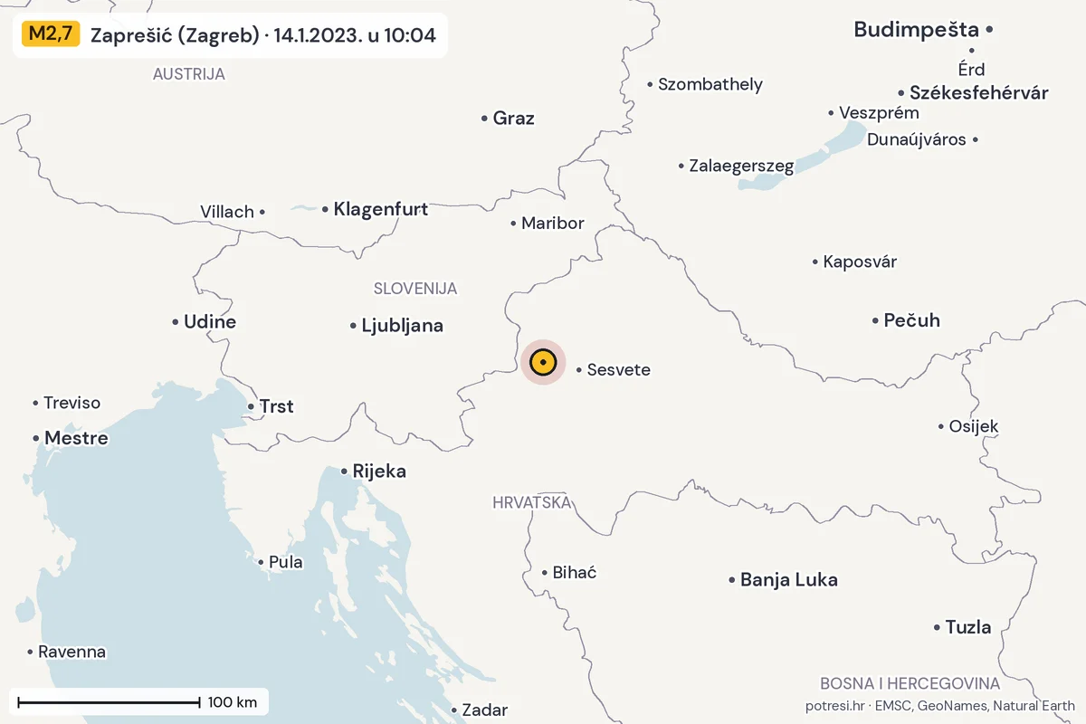 Karta: šire područje, 600 km, potres M2,7, Zaprešić (Zagreb), 14.1.2023.