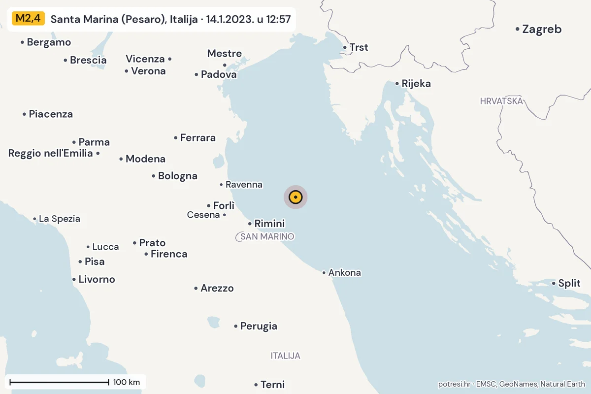 Karta: šire područje, 600 km, potres M2,4, Santa Marina (Pesaro), Italija, 14.1.2023.