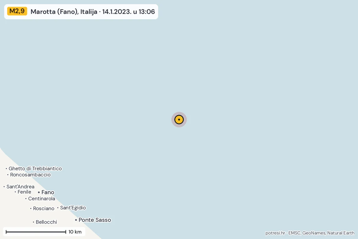 Karta: okolica epicentra, 60 km, potres M2,9, Marotta (Fano), Italija, 14.1.2023.