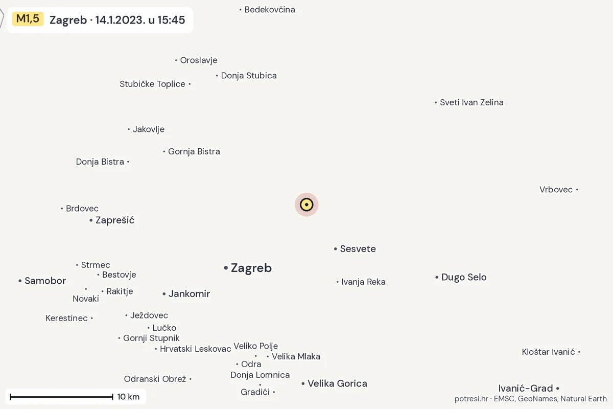 Karta: okolica epicentra, 60 km, potres M1,5, Zagreb, 14.1.2023.