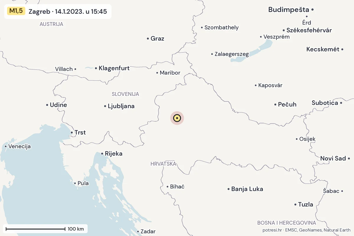 Karta: šire područje, 600 km, potres M1,5, Zagreb, 14.1.2023.
