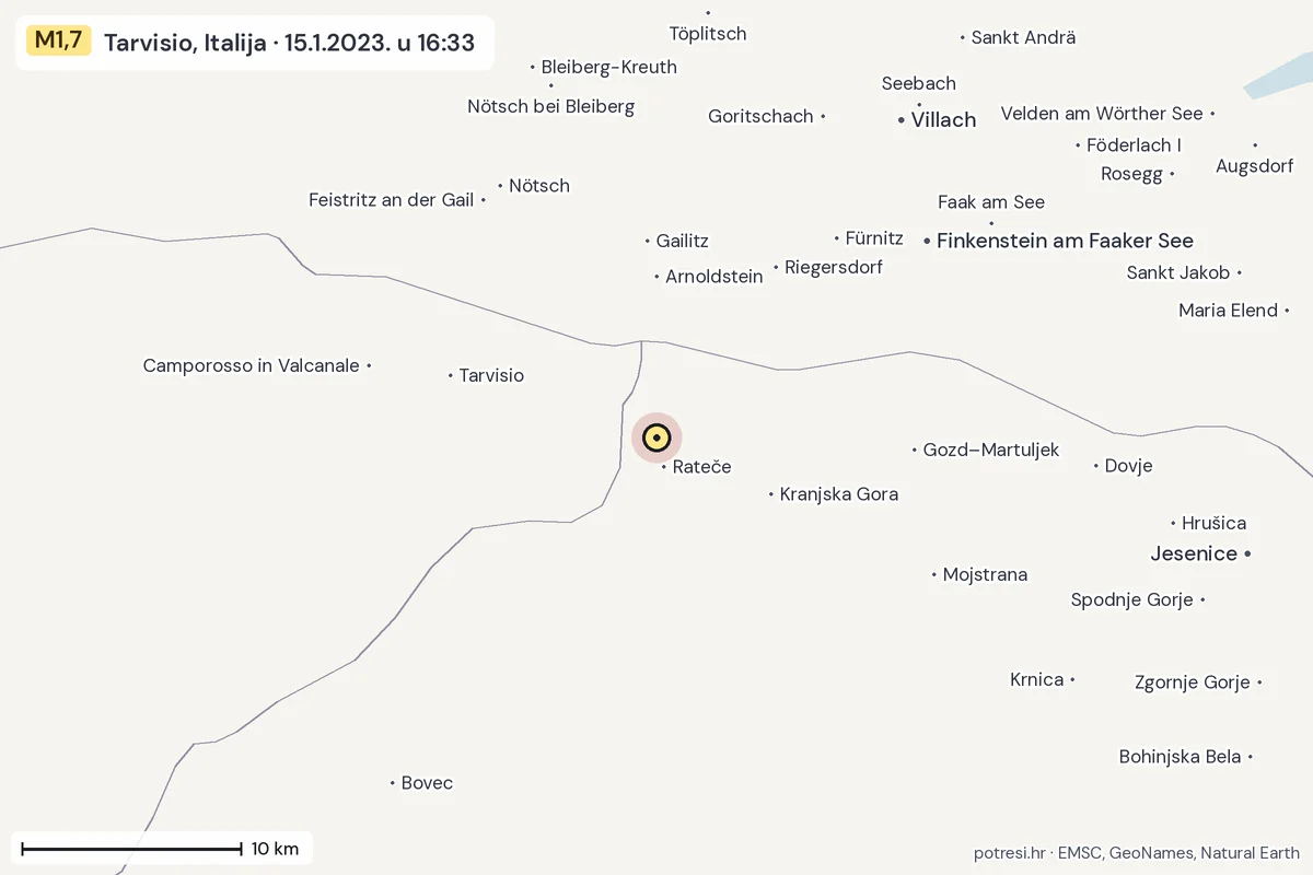 Karta: okolica epicentra, 60 km, potres M1,7, Tarvisio, Italija, 15.1.2023.