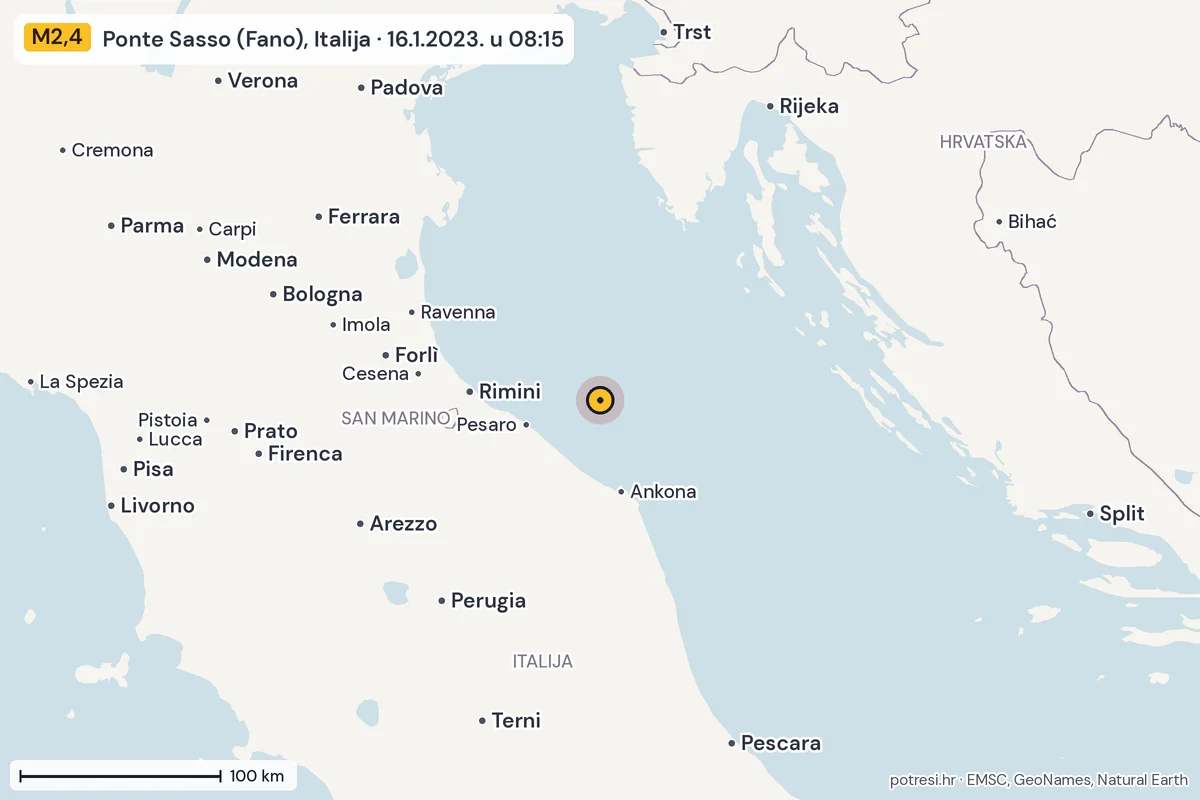 Karta: šire područje, 600 km, potres M2,4, Ponte Sasso (Fano), Italija, 16.1.2023.