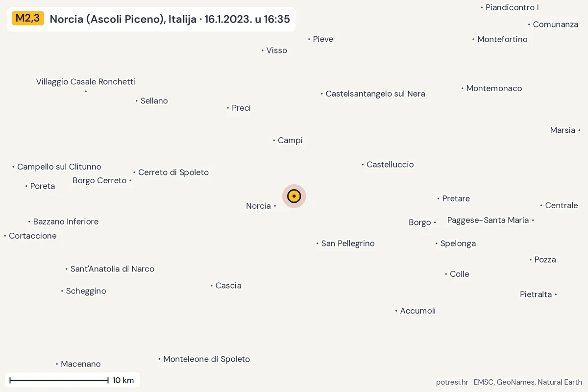 Karta: okolica epicentra, 60 km, potres M2,3, Norcia (Ascoli Piceno), Italija, 16.1.2023.