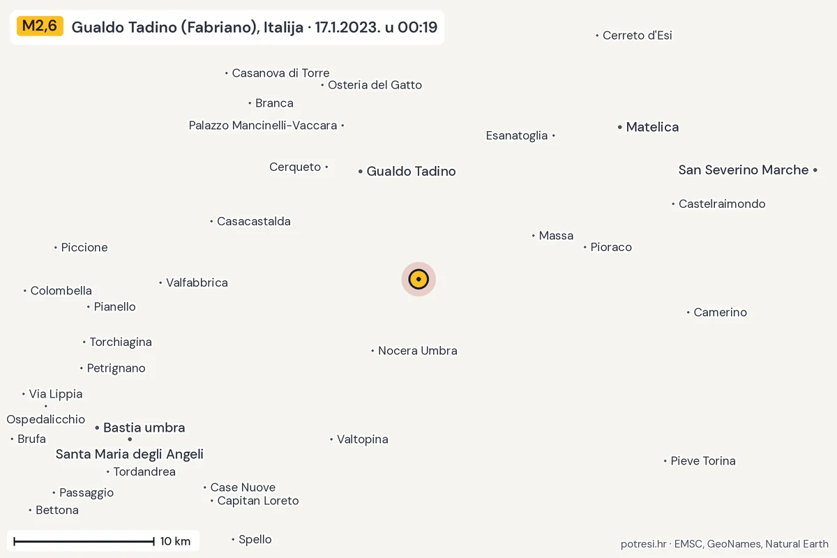 Karta: okolica epicentra, 60 km, potres M2,6, Gualdo Tadino (Fabriano), Italija, 17.1.2023.
