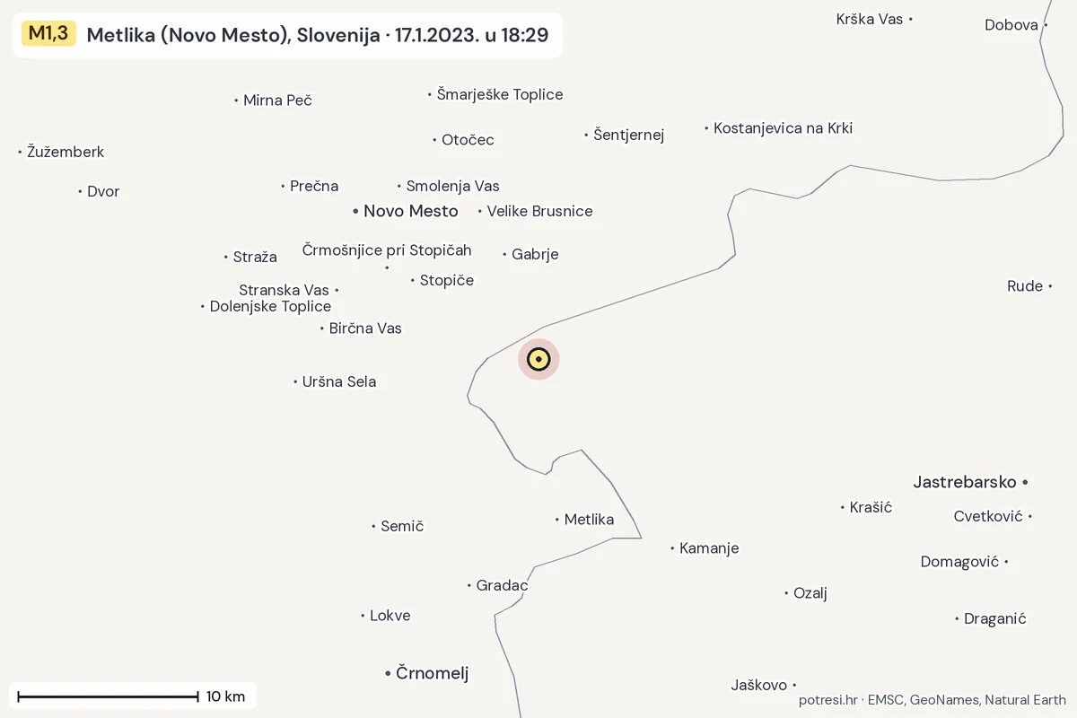 Karta: okolica epicentra, 60 km, potres M1,3, Metlika (Novo Mesto), Slovenija, 17.1.2023.