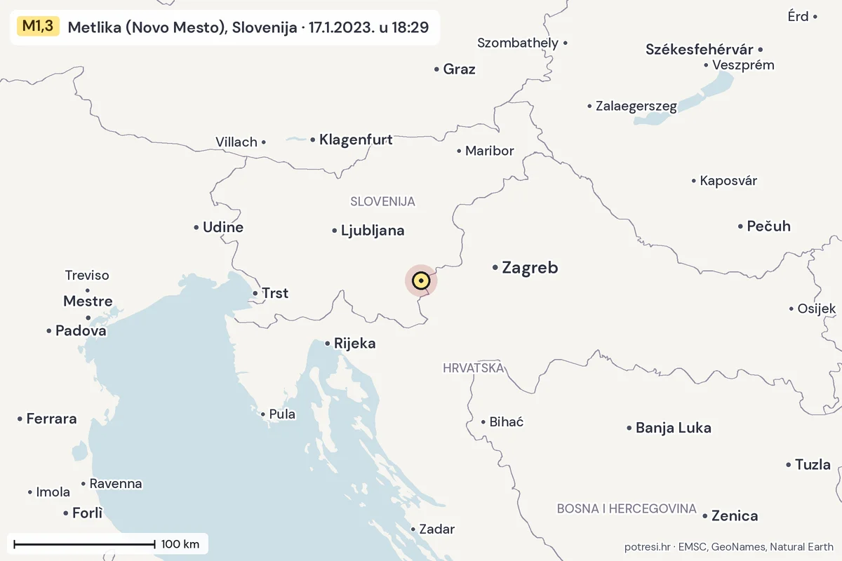 Karta: šire područje, 600 km, potres M1,3, Metlika (Novo Mesto), Slovenija, 17.1.2023.