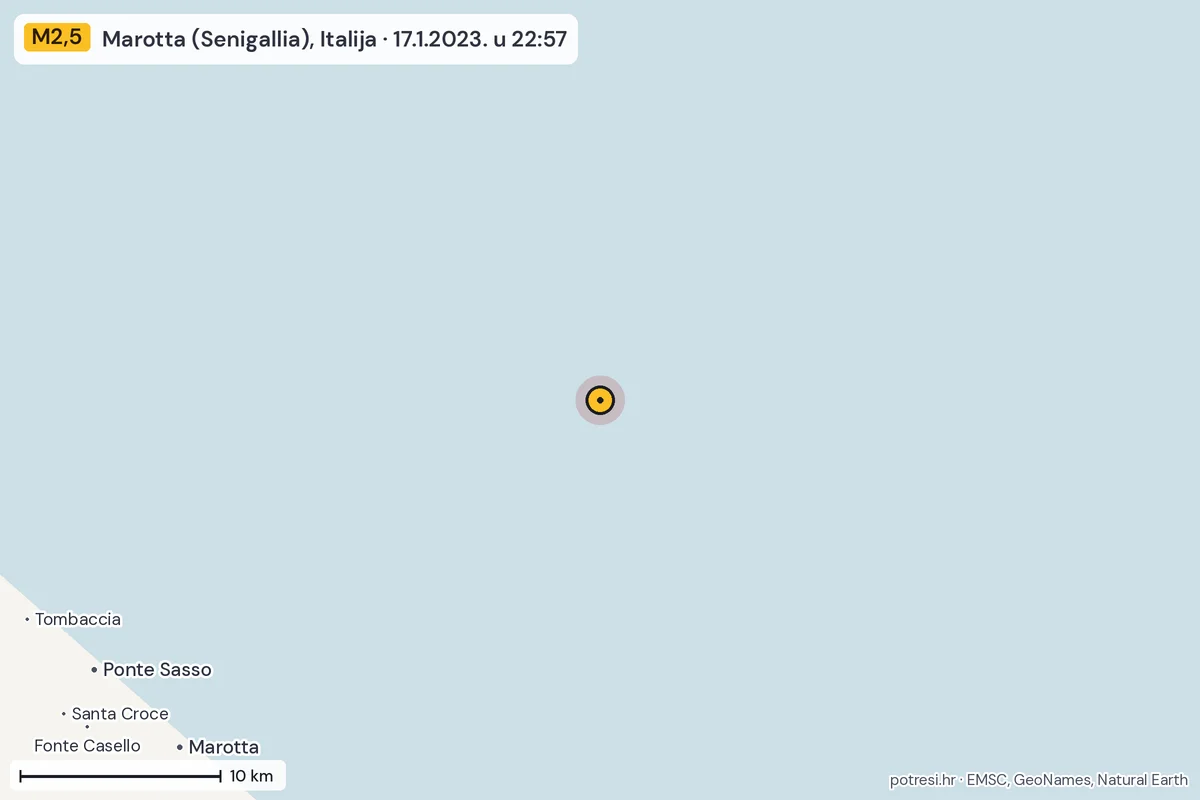 Karta: okolica epicentra, 60 km, potres M2,5, Marotta (Senigallia), Italija, 17.1.2023.