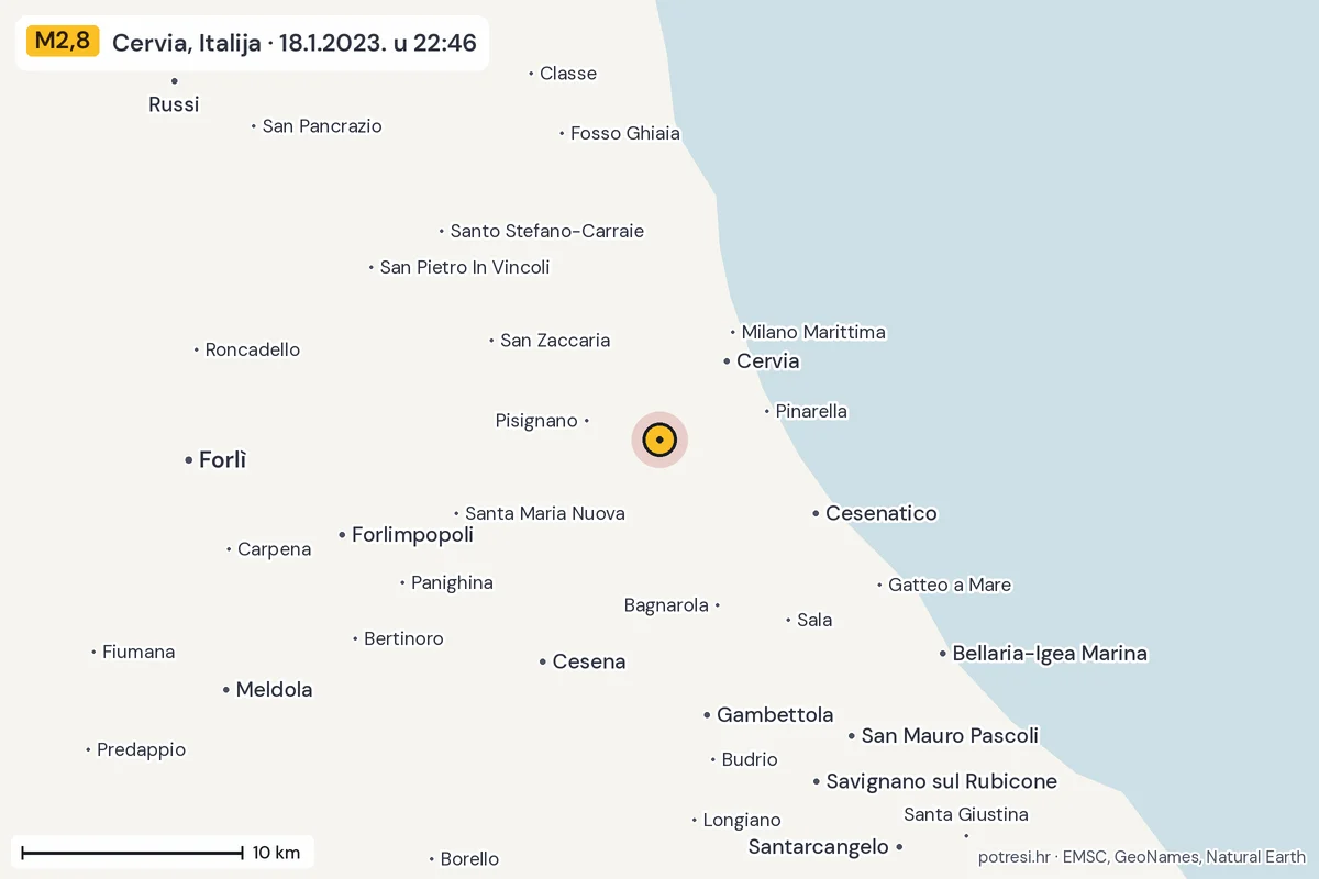 Karta: okolica epicentra, 60 km, potres M2,8, Cervia, Italija, 18.1.2023.