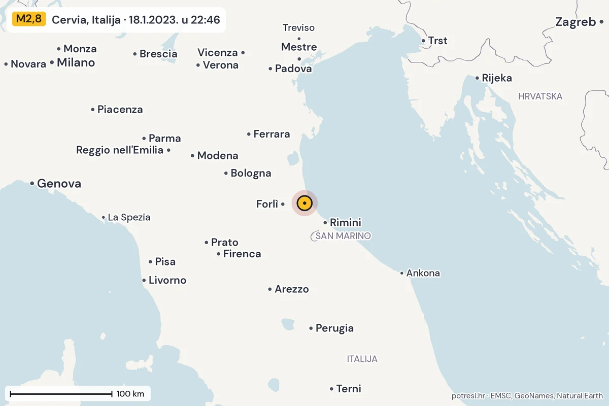 Karta: šire područje, 600 km, potres M2,8, Cervia, Italija, 18.1.2023.
