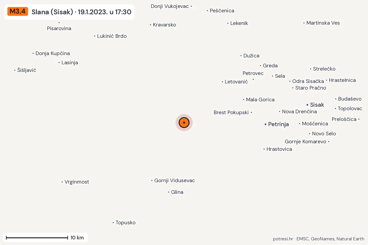Karta: okolica epicentra, 60 km, potres M3,4, Slana (Sisak), 19.1.2023.