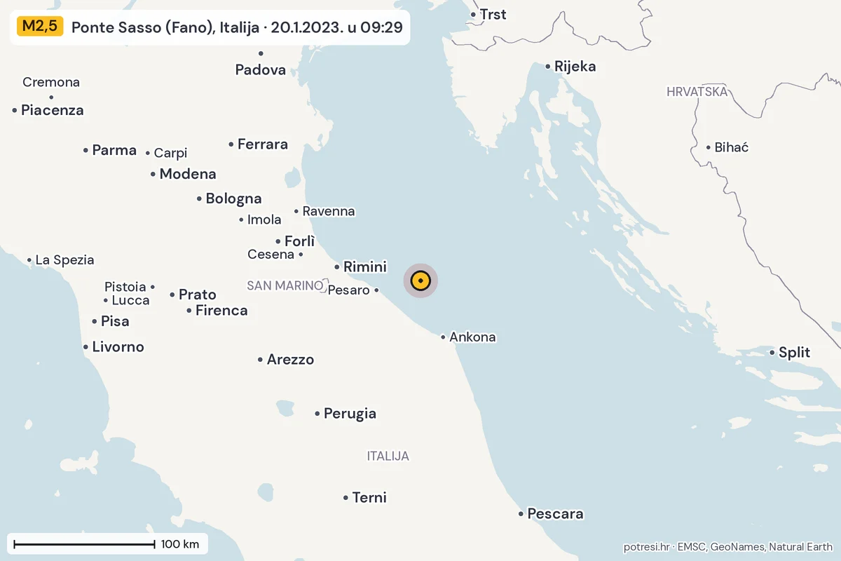 Karta: šire područje, 600 km, potres M2,5, Ponte Sasso (Fano), Italija, 20.1.2023.
