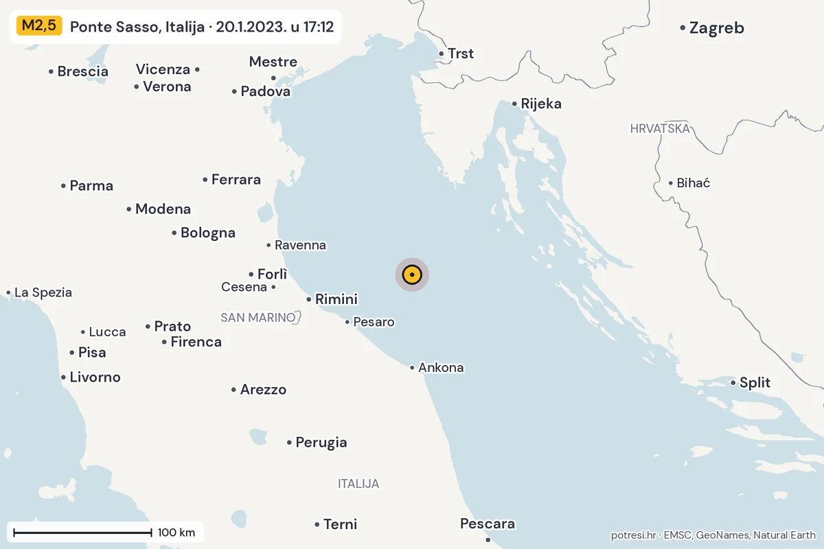 Karta: šire područje, 600 km, potres M2,5, Ponte Sasso, Italija, 20.1.2023.