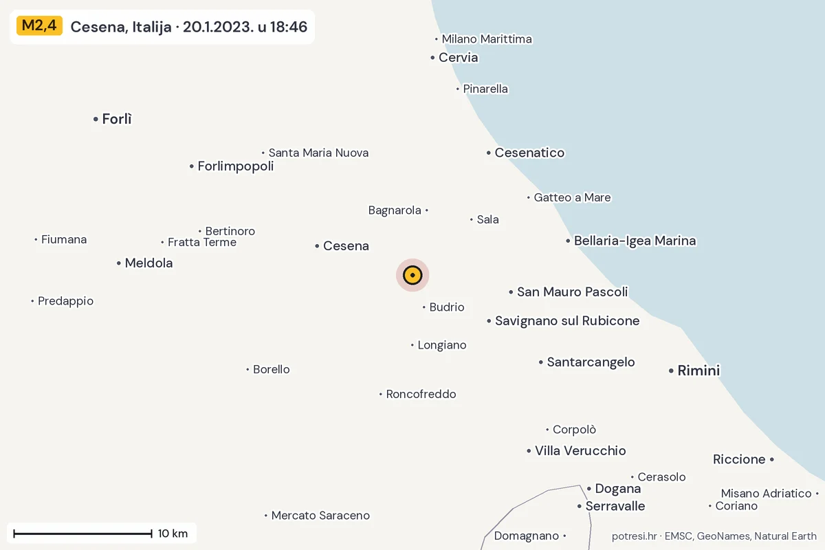 Karta: okolica epicentra, 60 km, potres M2,4, Cesena, Italija, 20.1.2023.