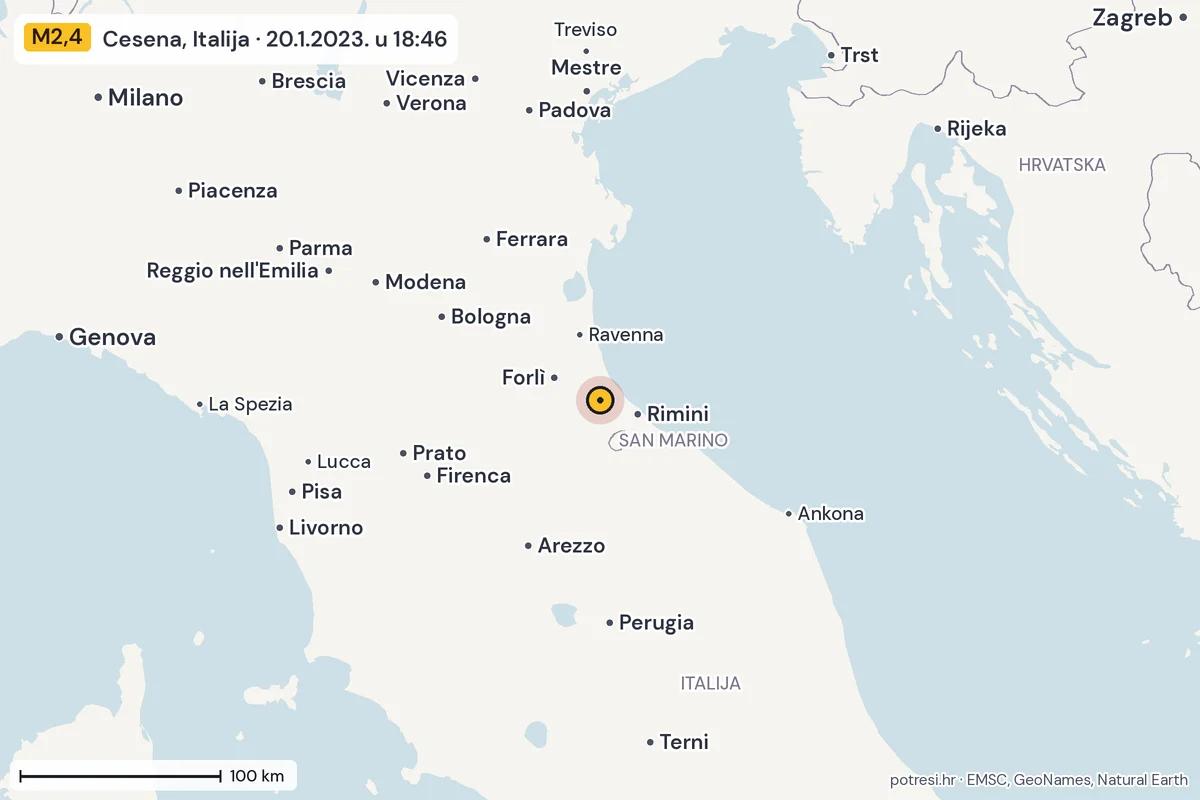 Karta: šire područje, 600 km, potres M2,4, Cesena, Italija, 20.1.2023.