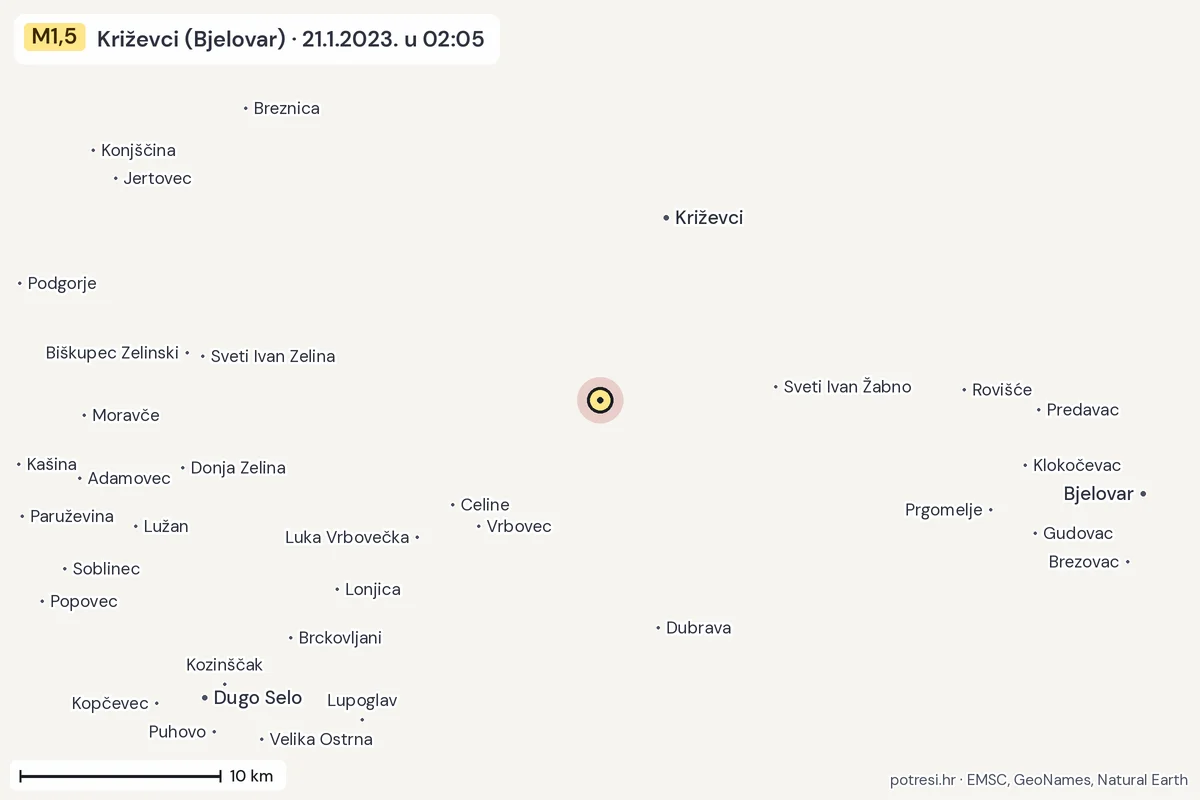 Karta: okolica epicentra, 60 km, potres M1,5, Križevci (Bjelovar), 21.1.2023.