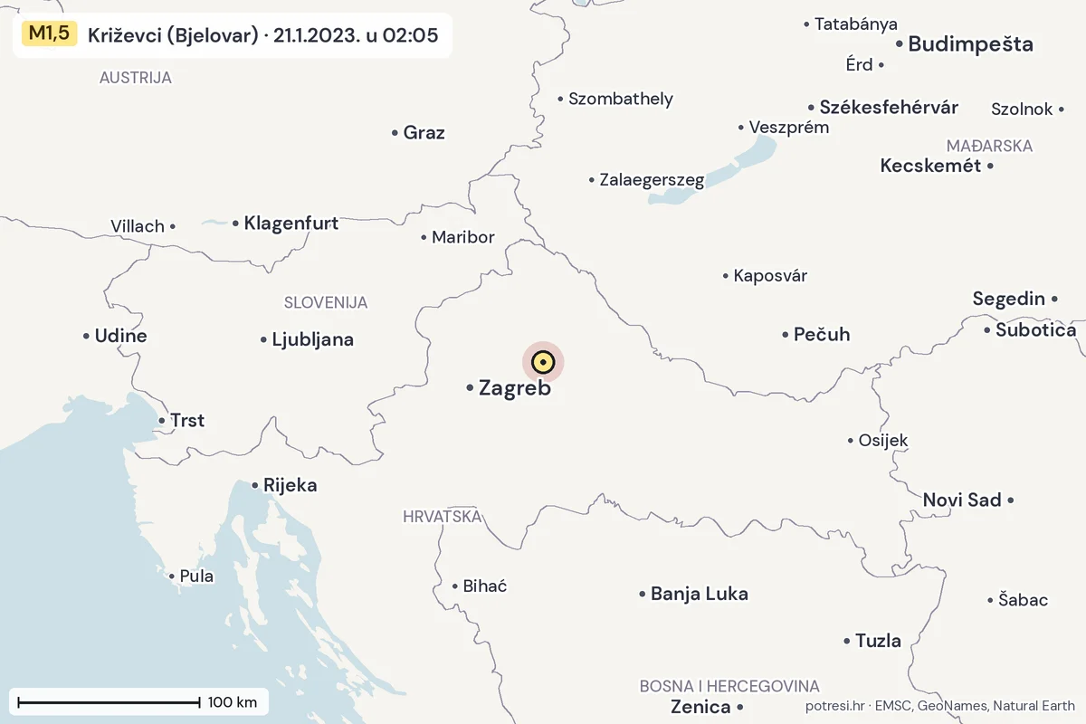 Karta: šire područje, 600 km, potres M1,5, Križevci (Bjelovar), 21.1.2023.