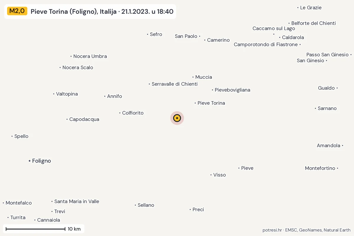 Karta: okolica epicentra, 60 km, potres M2,0, Pieve Torina (Foligno), Italija, 21.1.2023.