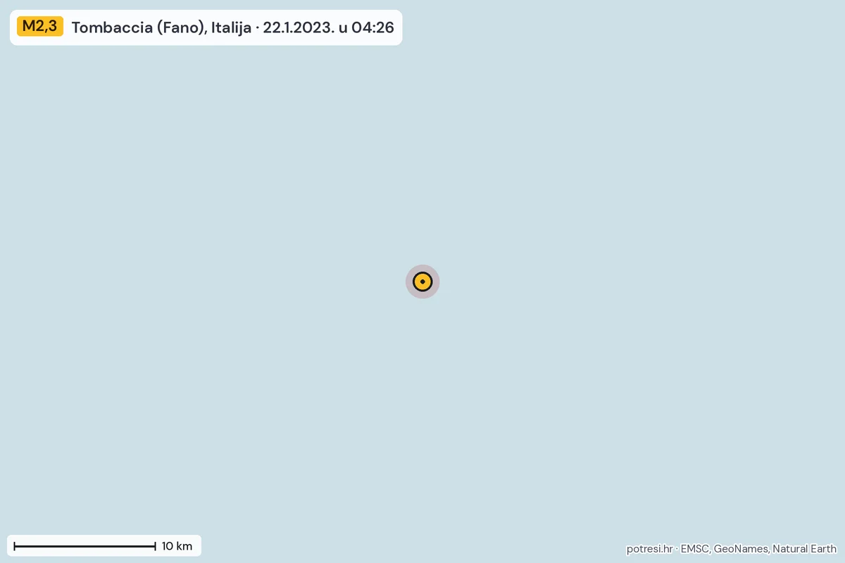 Karta: okolica epicentra, 60 km, potres M2,3, Tombaccia (Fano), Italija, 22.1.2023.