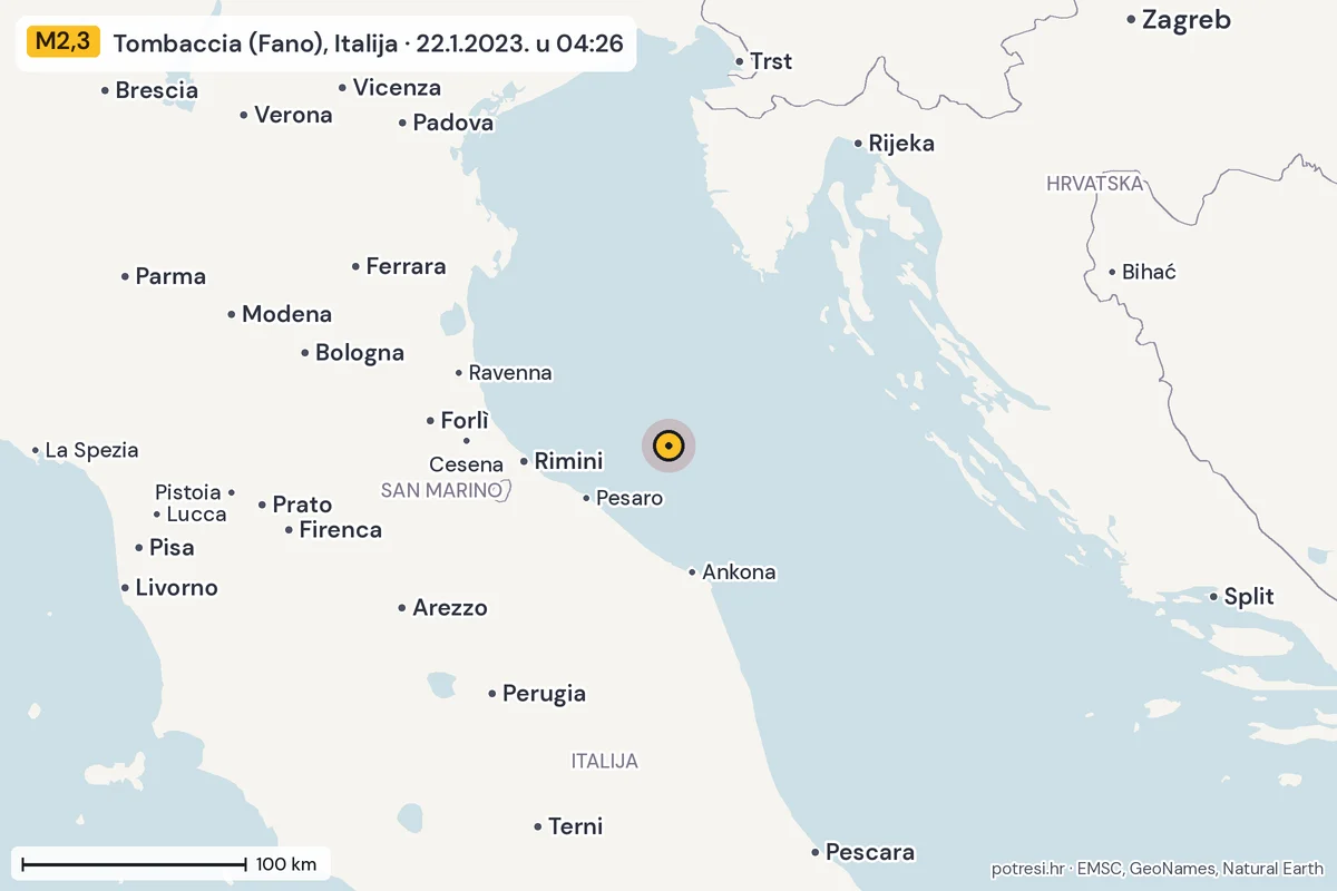 Karta: šire područje, 600 km, potres M2,3, Tombaccia (Fano), Italija, 22.1.2023.